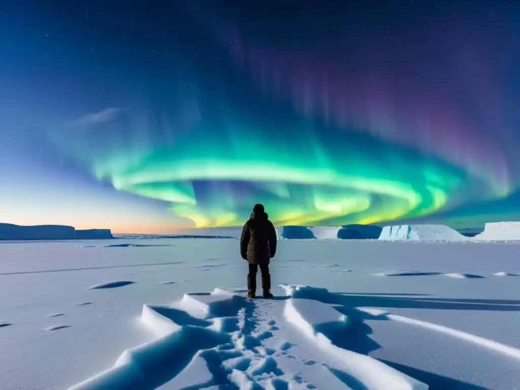 Un inuk solitario contempla la majestuosidad del paisaje ártico, donde las filosofías de la vida ártica encuentran su conexión espiritual