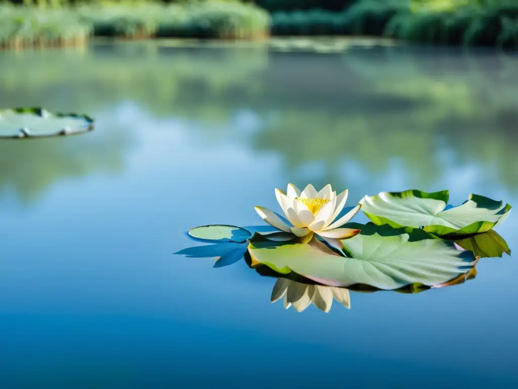 Inversión armoniosa con principios taoístas: Imagen serena de un estanque rodeado de exuberante vegetación, con un loto flotando en el agua quieta