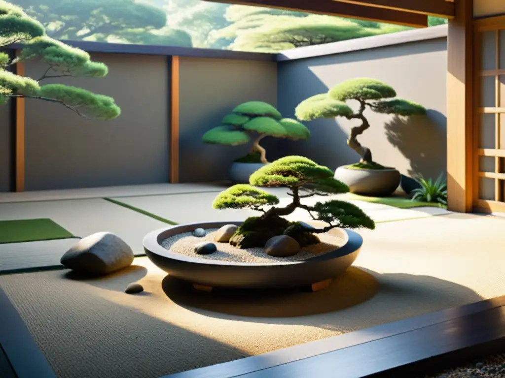 Inversión armoniosa con principios taoístas: Jardín japonés sereno con rocas y bonsáis, rodeado de vegetación exuberante y luz suave