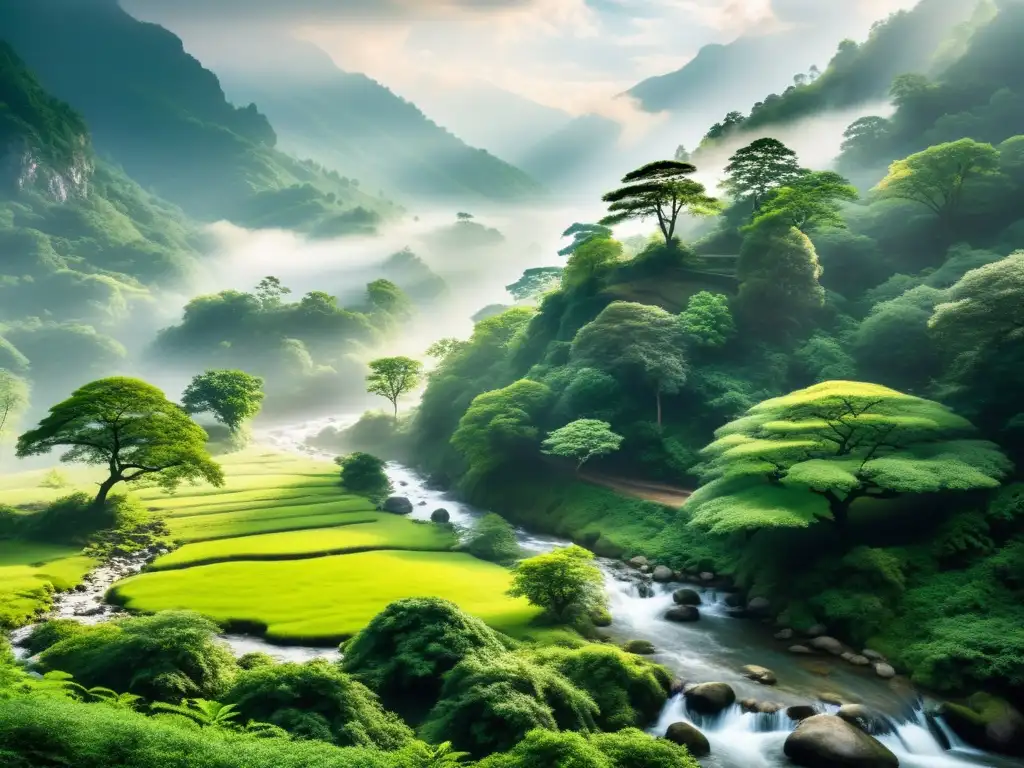 Inversión armoniosa con principios taoístas: un paisaje montañoso brumoso y sereno, con un arroyo que fluye suavemente en un frondoso bosque