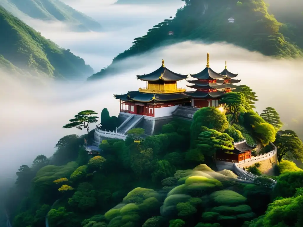 Inversión armoniosa con principios taoístas: Templo taoísta en la montaña neblinosa al amanecer, iluminado por una suave luz dorada