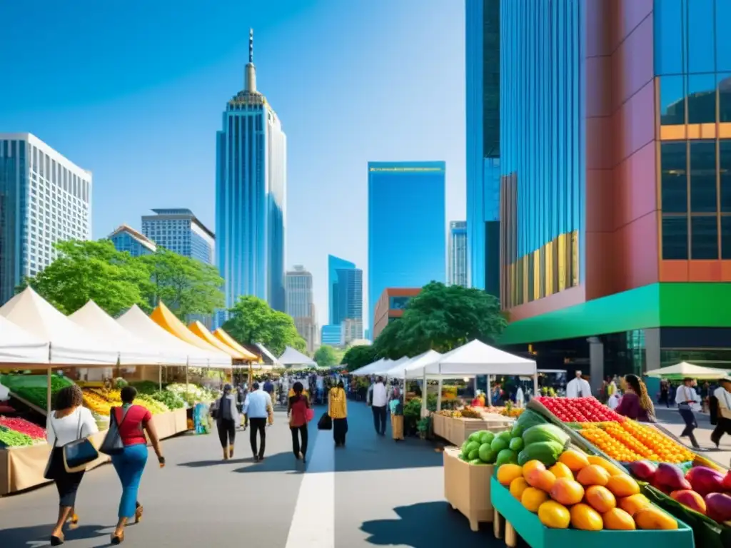 Inversiones sostenibles y ética económica en una bulliciosa calle urbana con un mercado de agricultores vibrante y diversidad de personas