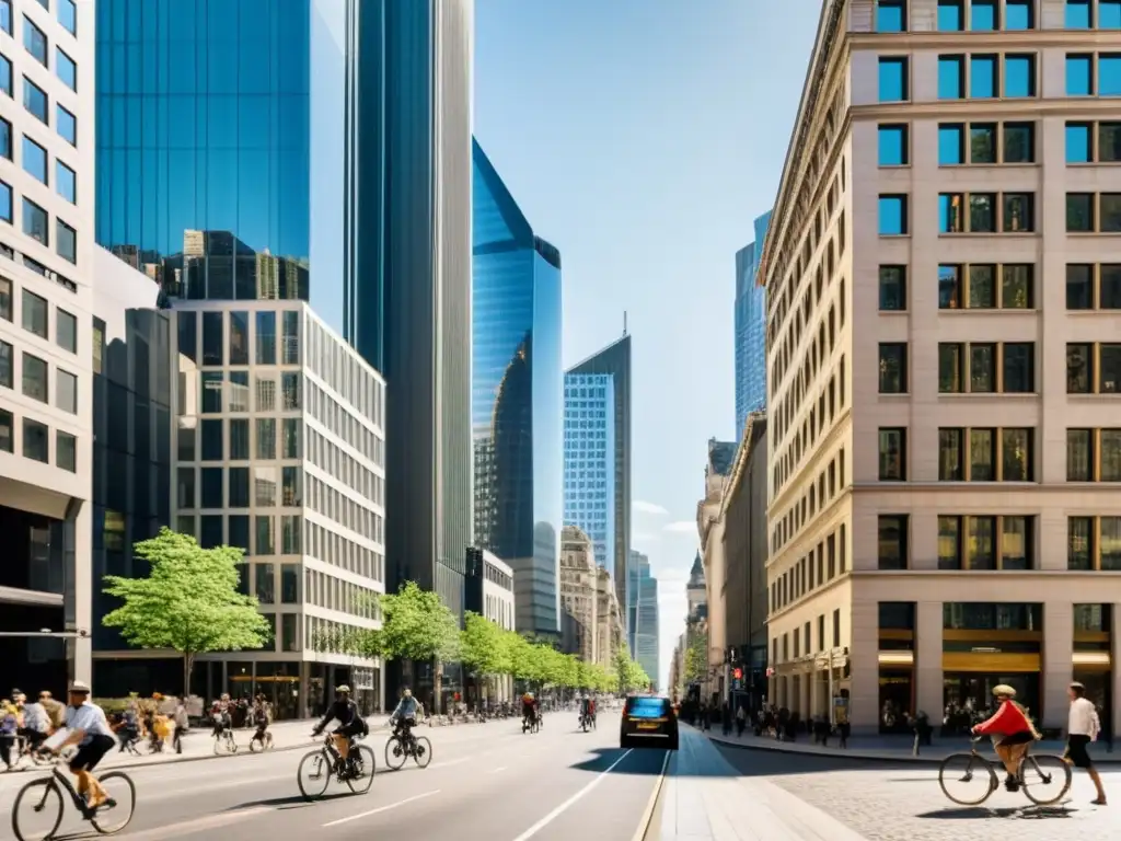 Inversiones sostenibles y ética económica: Imagen panorámica de una bulliciosa calle urbana, con rascacielos modernos y arquitectura tradicional