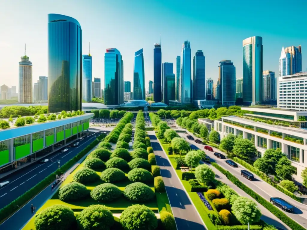 Inversiones sostenibles impacto global: Imagen panorámica de paisaje urbano moderno y sostenible, con edificios altos y espacios verdes