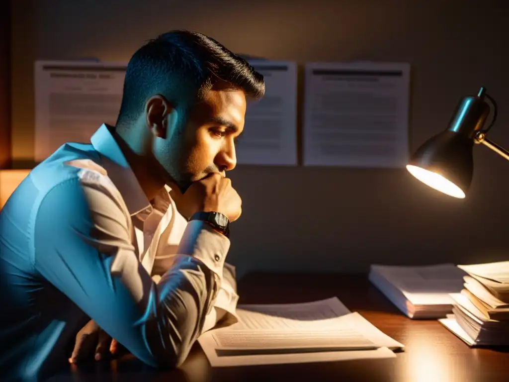 Un inversionista conservador reflexiona en una habitación iluminada por una lámpara, rodeado de documentos financieros