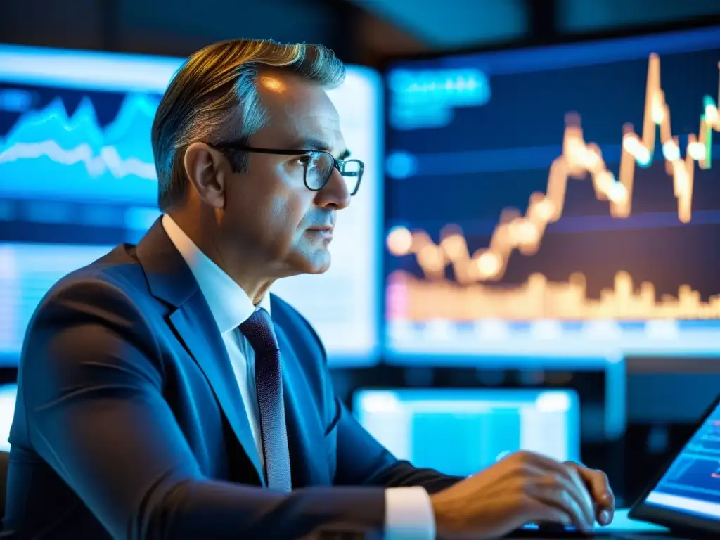 Un inversionista experimentado analiza informes financieros y datos de mercado con concentración