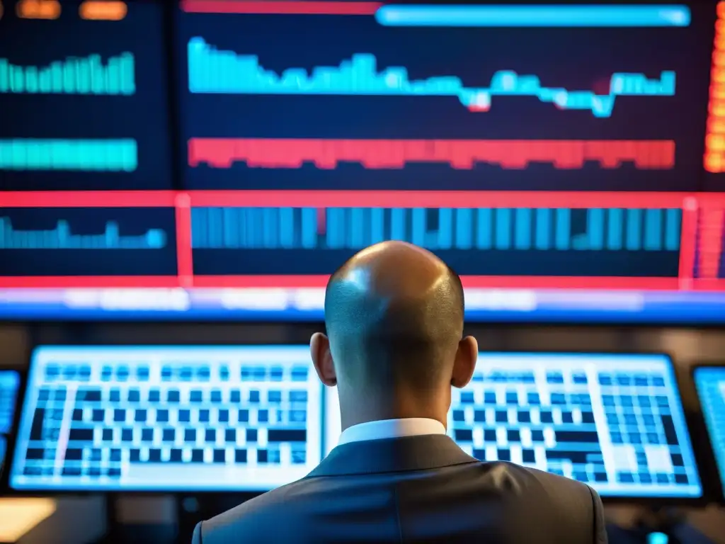 Un inversor de la bolsa enfocado en múltiples pantallas, rodeado de la intensa atmósfera del mercado financiero