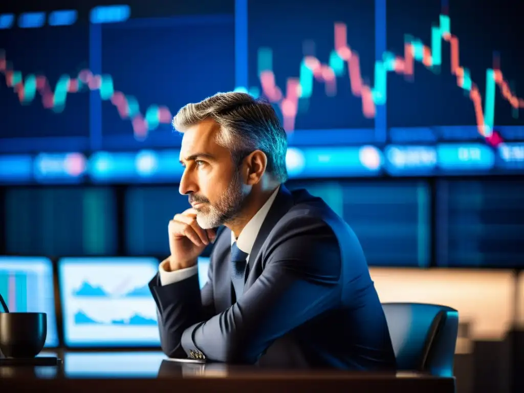 Un inversor estoico analiza gráficos financieros con determinación