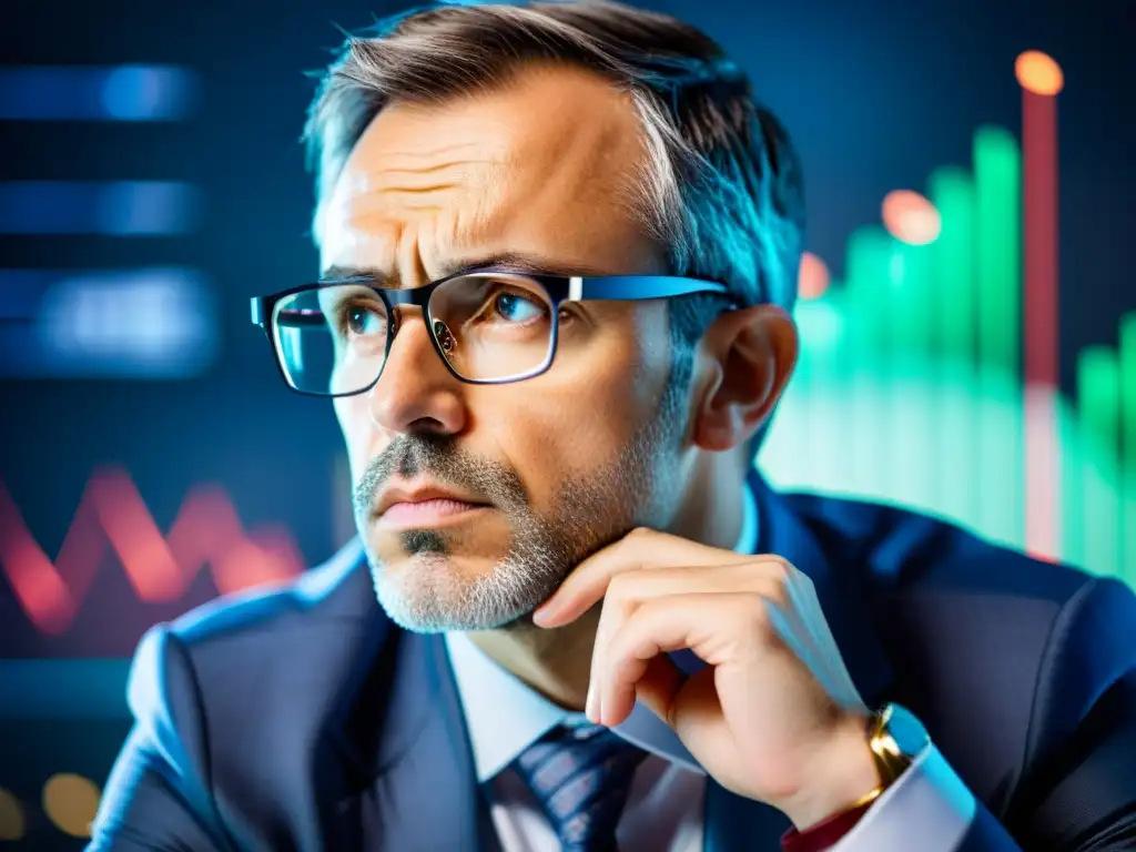 Un inversor exitoso, con gestión emocional e estoicismo, se concentra en su oficina mientras gráficos se reflejan en sus gafas