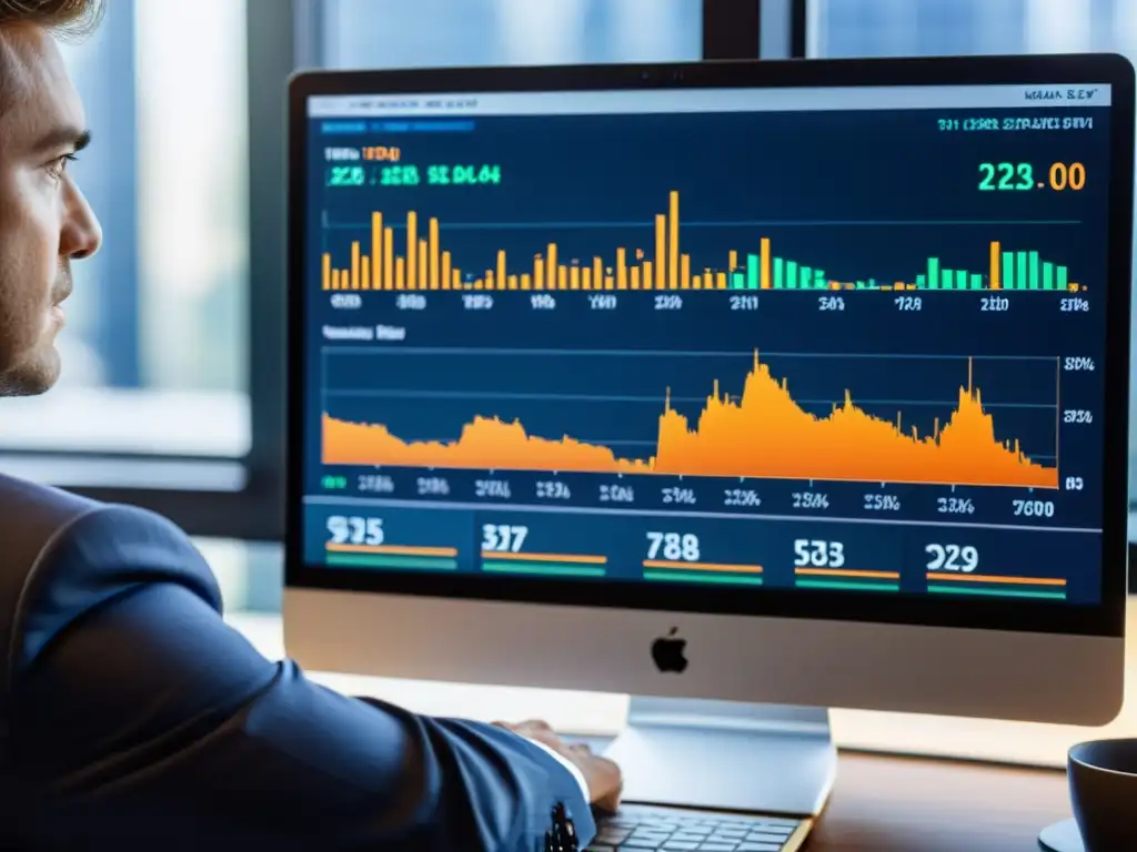 Un inversor experimentado analiza gráficos financieros en su ordenador, reflejando concentración