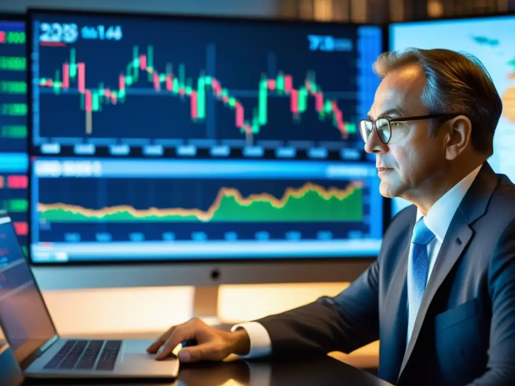 Un inversor experimentado analiza gráficos del mercado de valores en su oficina, creando una atmósfera profesional y reflexiva