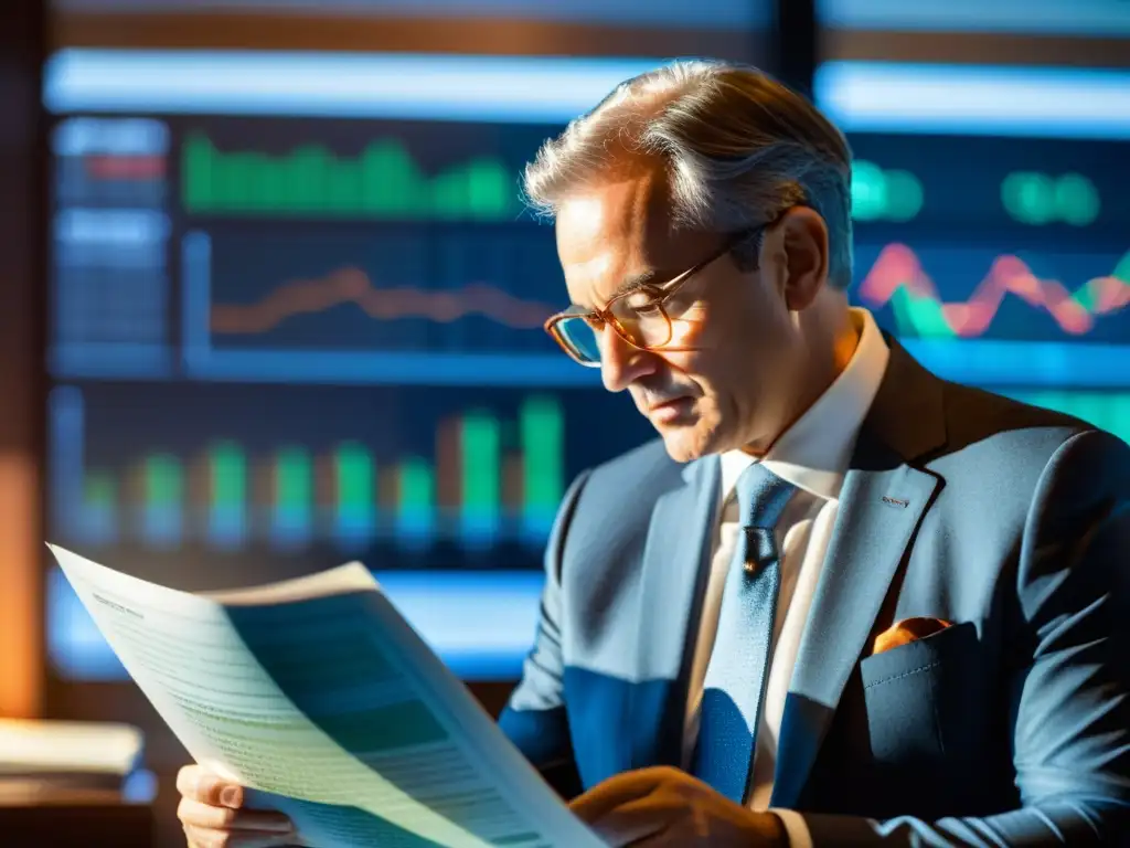 Un inversor experimentado analiza detenidamente un informe financiero detallado en una oficina sofisticada
