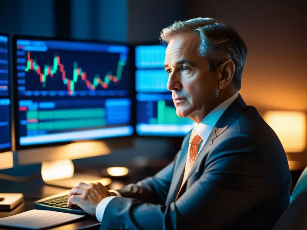 Un inversor experimentado analiza informes financieros y datos de mercado en su estudio, iluminado por la tenue luz de la pantalla