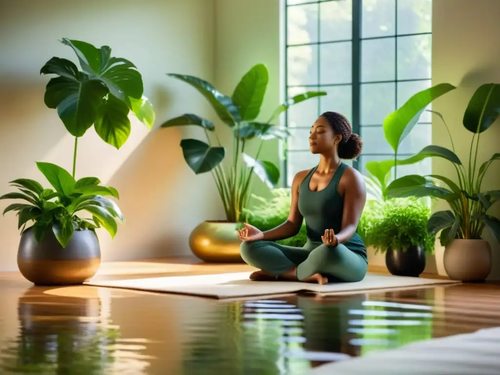 Inversores meditando en un oasis de calma, con plantas y luz natural