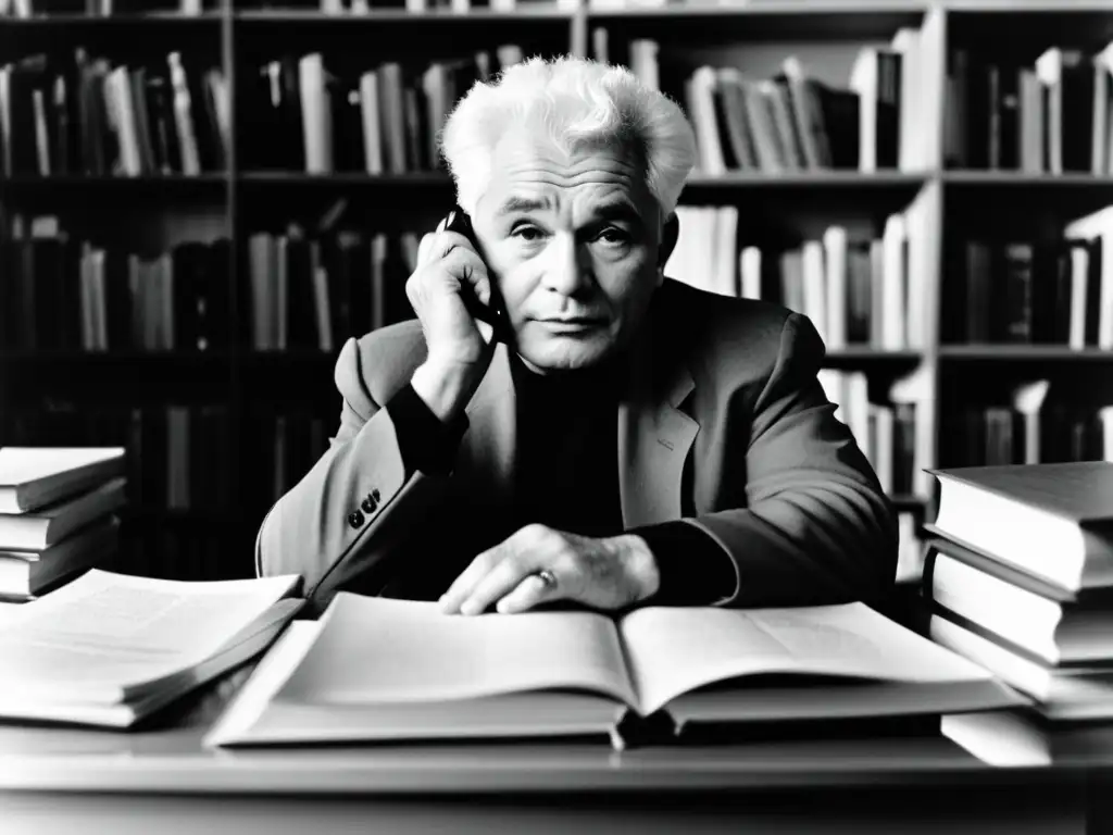 Jacques Derrida reflexiona en su escritorio, rodeado de libros y papeles