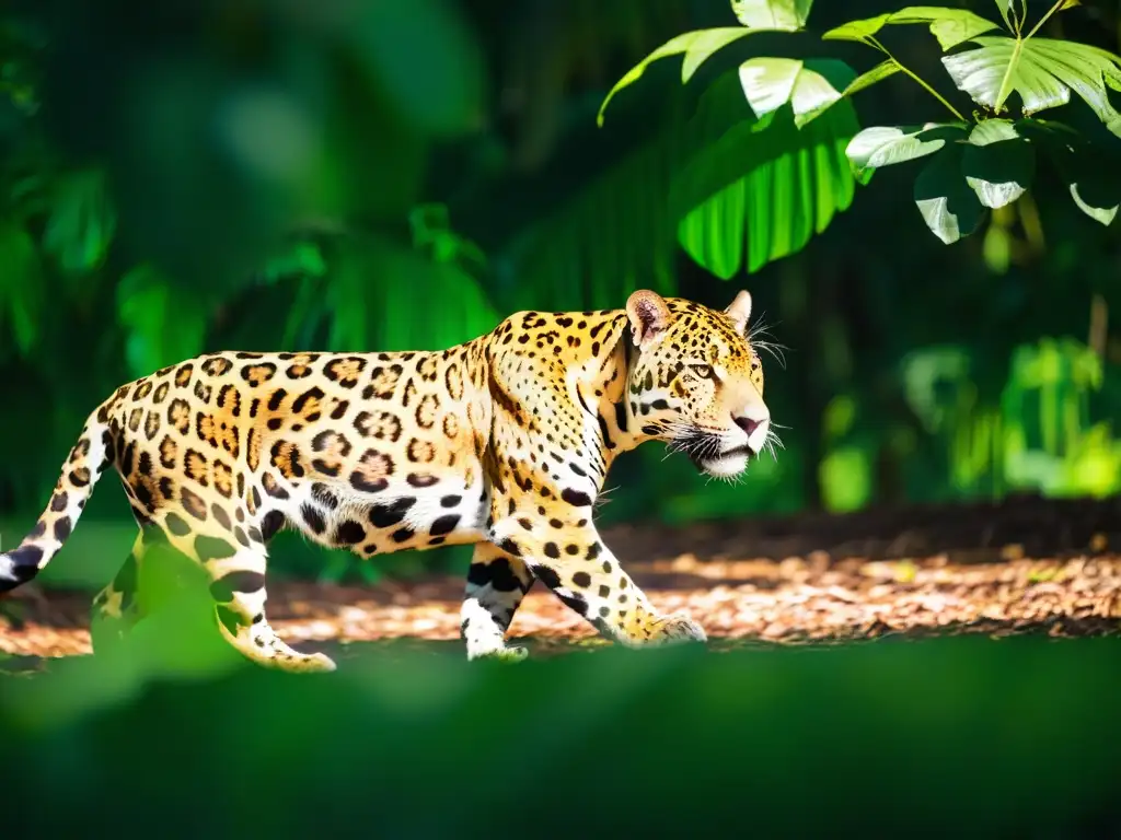 Un jaguar en la selva amazónica, símbolo filosófico jaguar culturas amazónicas, muestra su fuerza y misterio entre la exuberante vegetación