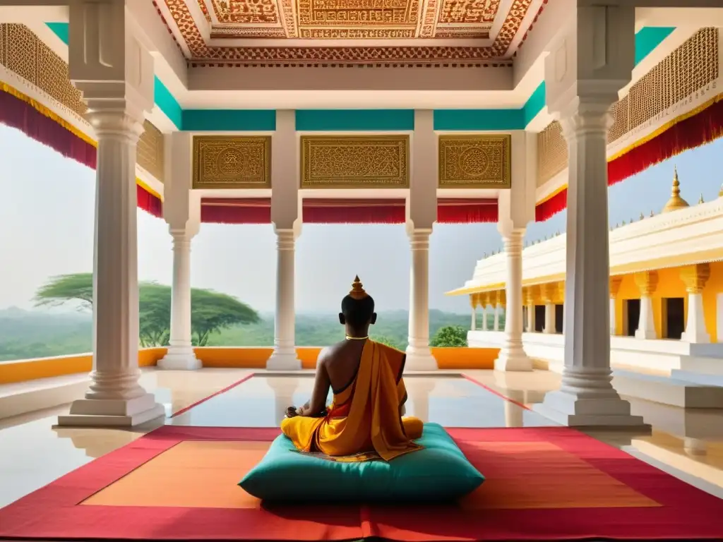 Jainismo y tecnología en la era digital: Imagen de templo moderno con devotos y tecnología, fusionando tradición y modernidad