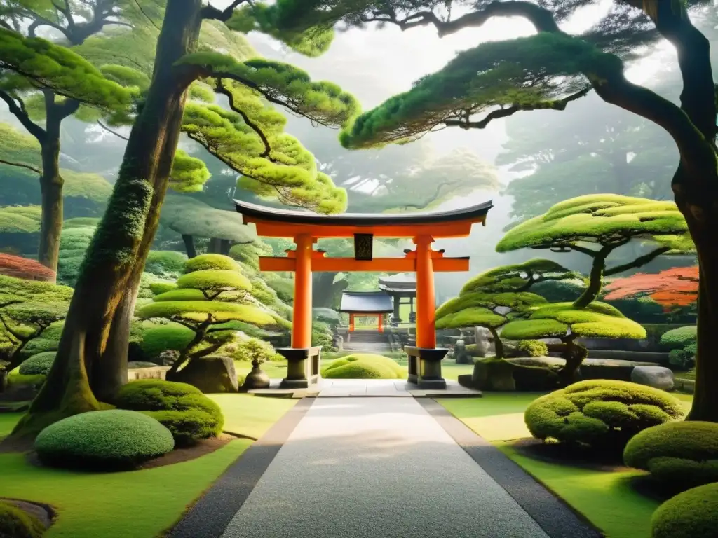 Jardín japonés antiguo con torii y pagoda, convivencia histórica entre Shinto y Budismo