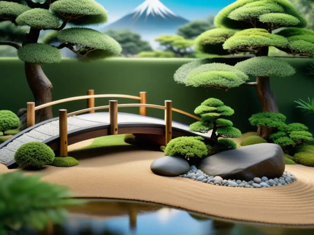 Jardín Zen japonés con bonsáis, arroyo y casa de té