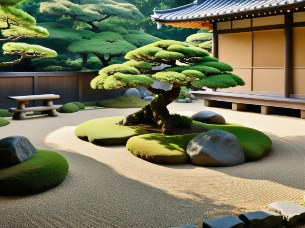 Jardín zen japonés con bonsáis y pagoda, evocando principios morales en la sociedad japonesa