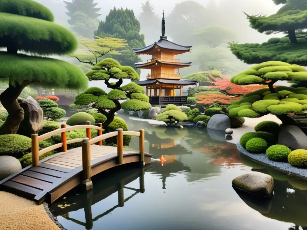 Un jardín Zen japonés con bonsáis, puente de madera sobre estanque y pagoda entre la neblina