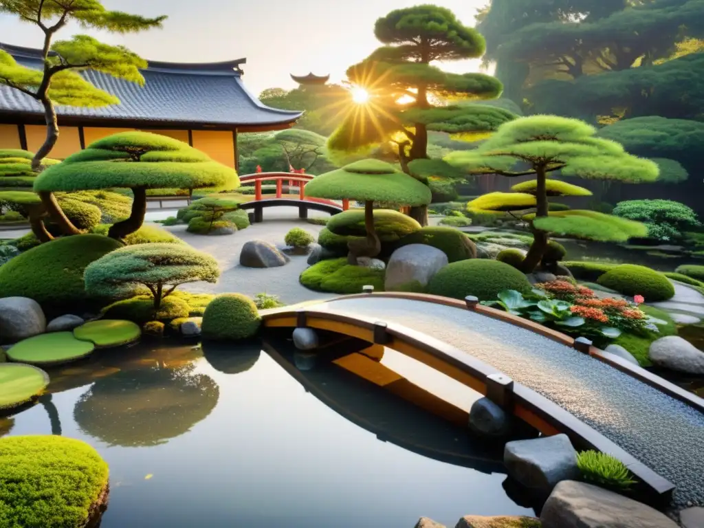 Jardín zen japonés con bonsáis, puente de madera sobre estanque y pagoda en la luz suave del atardecer