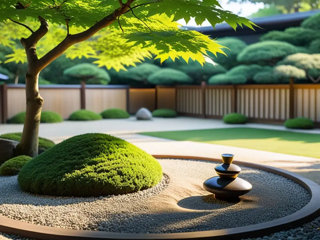 Jardín zen japonés con gravilla, rocas, arce verde y farol de piedra