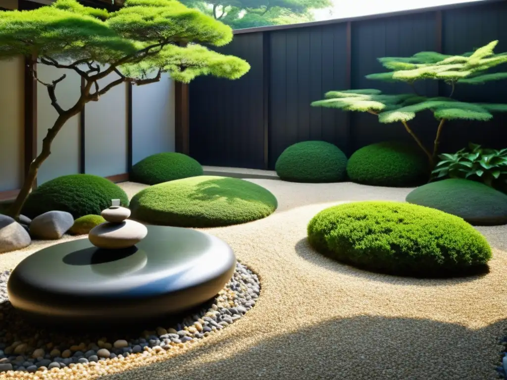 Jardín zen japonés con patrones de grava, rocas y vegetación exuberante