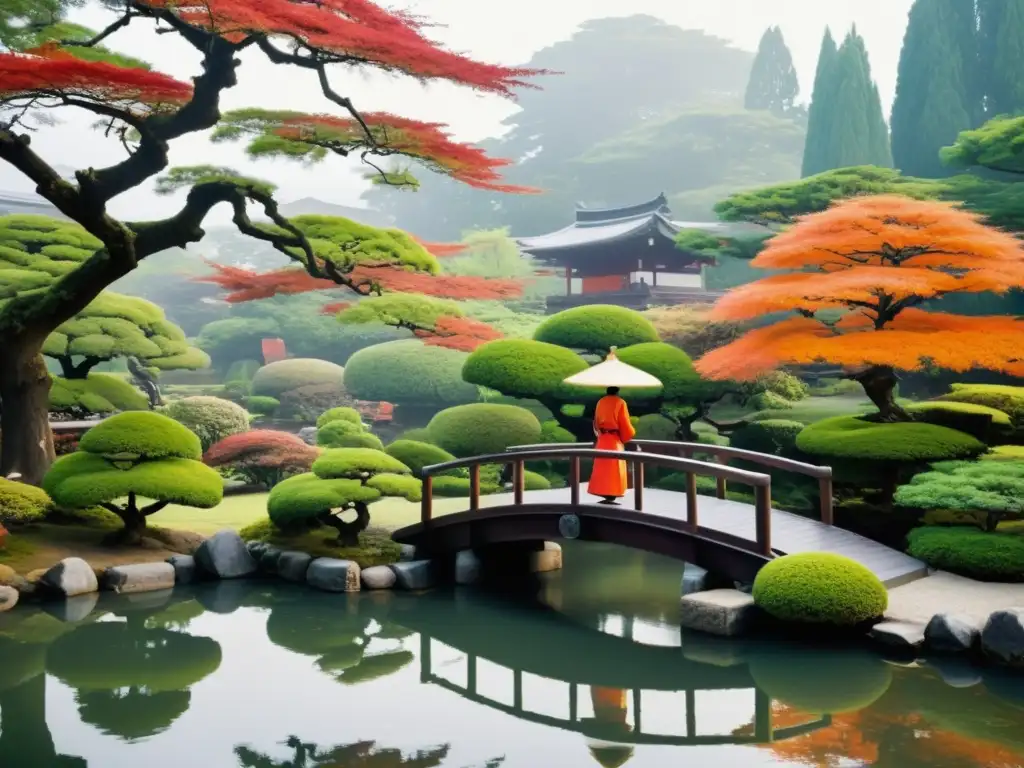 Jardín japonés con puente de madera, pagoda, bonsáis y figura en kimono