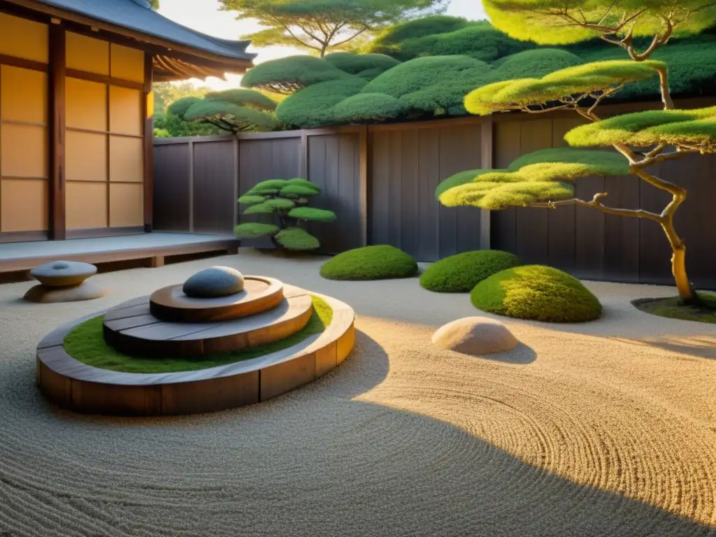 Un jardín zen japonés, con rocas y arbustos podados, bañado por la luz dorada de la tarde, evoca la relación entre libertad, moralidad y filosofía