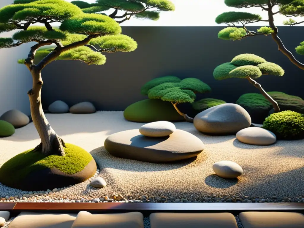 Jardín Zen japonés con rocas, bonsáis y luz de tarde para práctica de filosofía Zen para serenidad