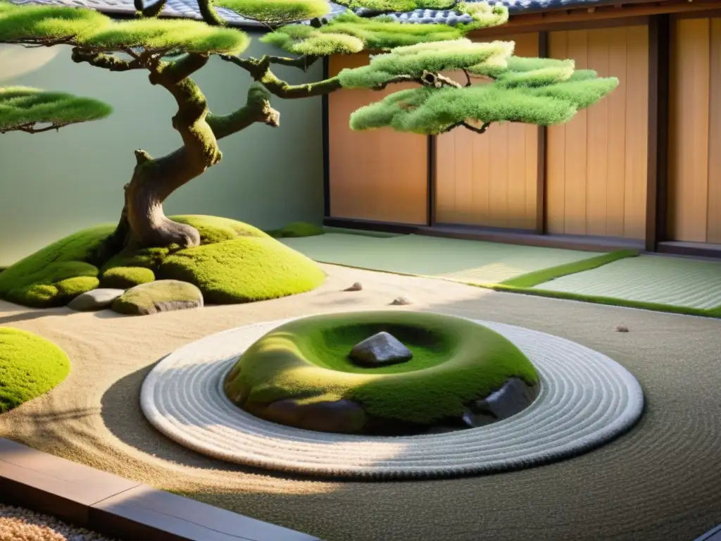 Un jardín Zen japonés con rocas, musgo y una casa de té, rodeado de cerezos en flor