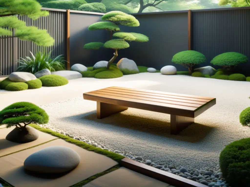 Jardín zen japonés con rocas, grava blanca y banco de madera