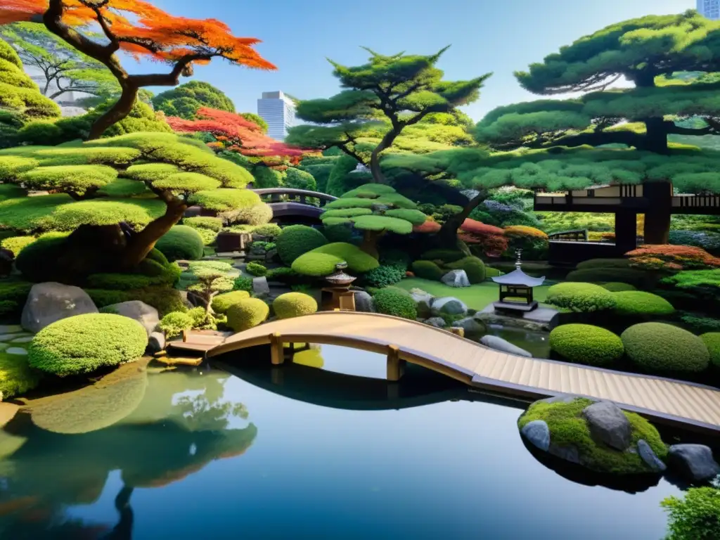 Jardín japonés sereno en Tokyo, con arquitectura tradicional y rascacielos modernos