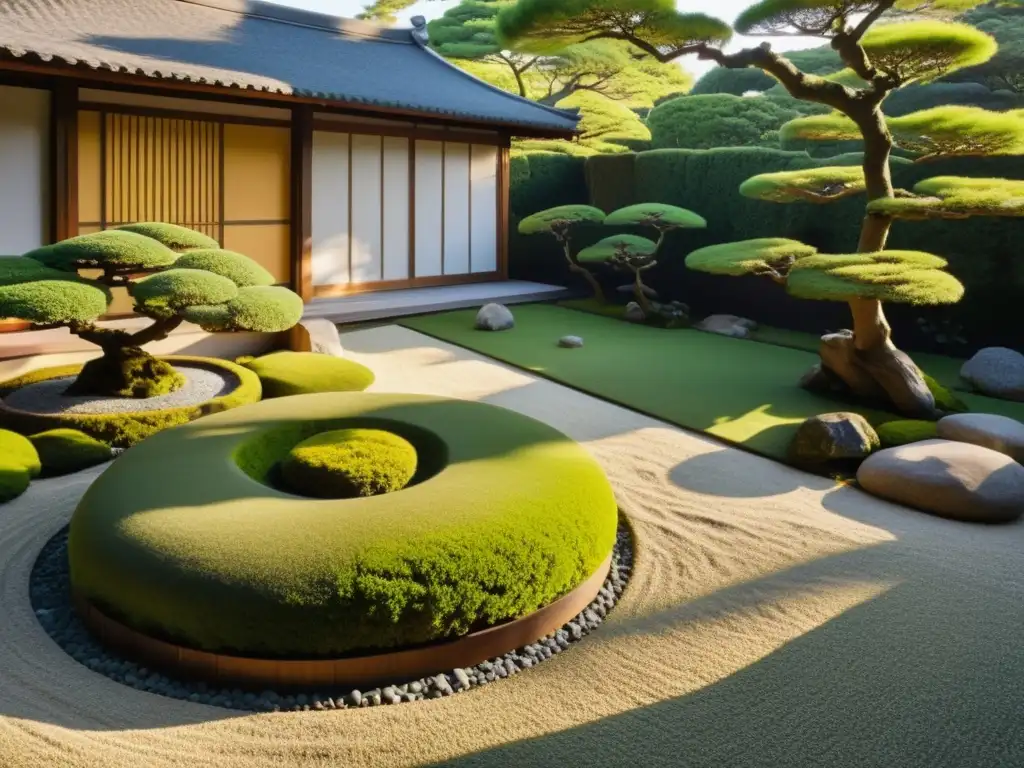 Jardín japonés sereno con bonsáis, casa de té y atmósfera contemplativa que refleja el liderazgo samurái para vida cotidiana