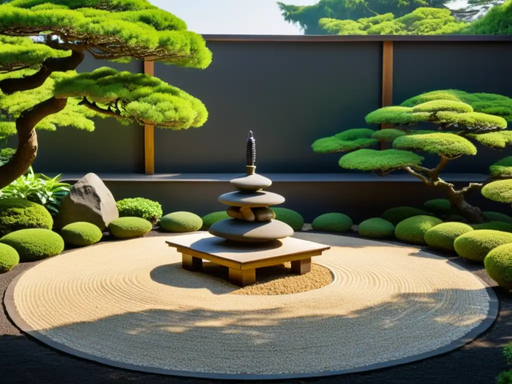 Un jardín zen japonés sereno con grava cuidadosamente rastrillada, rocas colocadas con precisión y un pagoda de piedra rodeado de bonsáis
