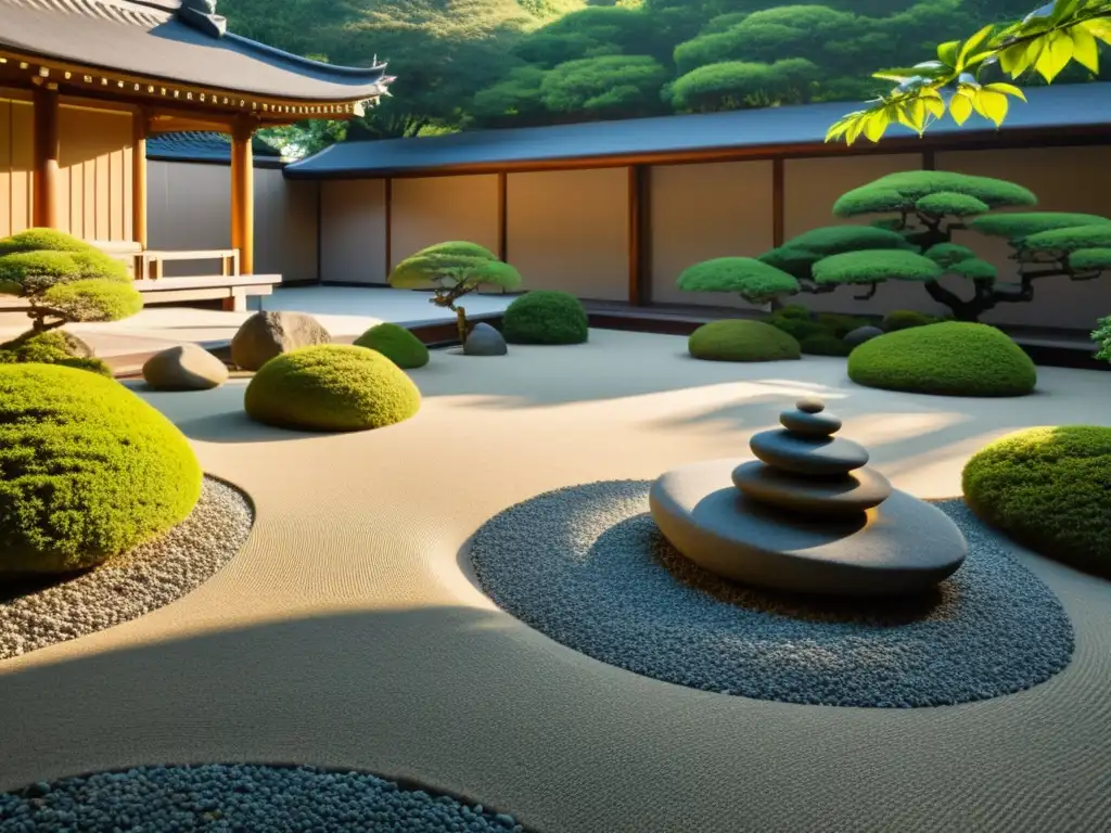 Jardín zen japonés sereno con patrones en la grava, rodeado de vegetación exuberante y un templo de madera tradicional al fondo