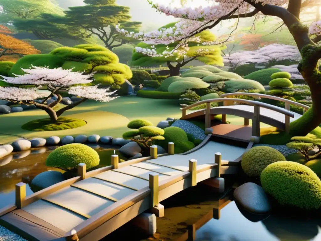 Un jardín japonés sereno con un puente de madera tradicional, un arroyo suave y una pagoda tranquila entre los árboles de cerezo