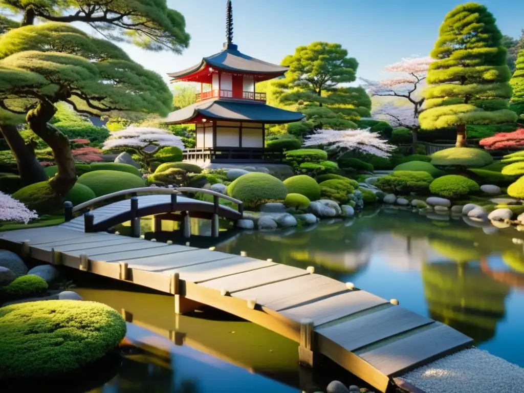 Un jardín japonés sereno con un puente de madera sobre un estanque, rodeado de cerezos en flor