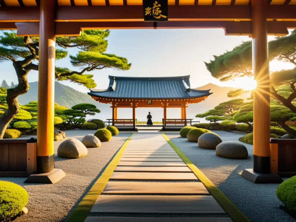 Jardín japonés con samurái en práctica de artes marciales al atardecer Un jardín japonés sereno con una puerta de madera tradicional, vegetación vibrante y un samurái practicando artes marciales, capturando la esencia de la Filosofía Zen en la cultura samurái
