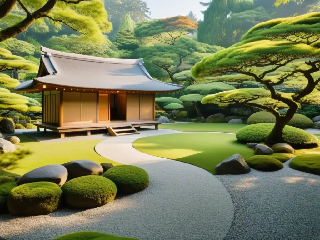 Un jardín japonés sereno con retiros de meditación Zen en Japón, donde la luz de la mañana crea una atmósfera contemplativa