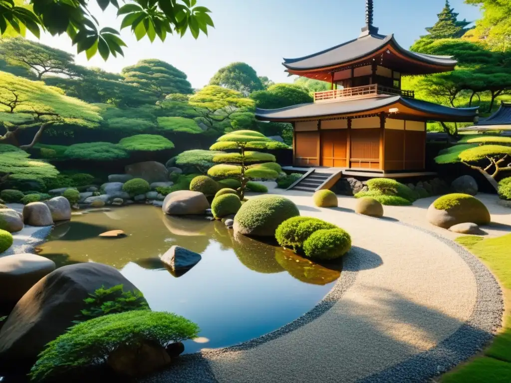 Jardín japonés sereno con rocas y estanque, inspirado en la filosofía oriental de videojuegos