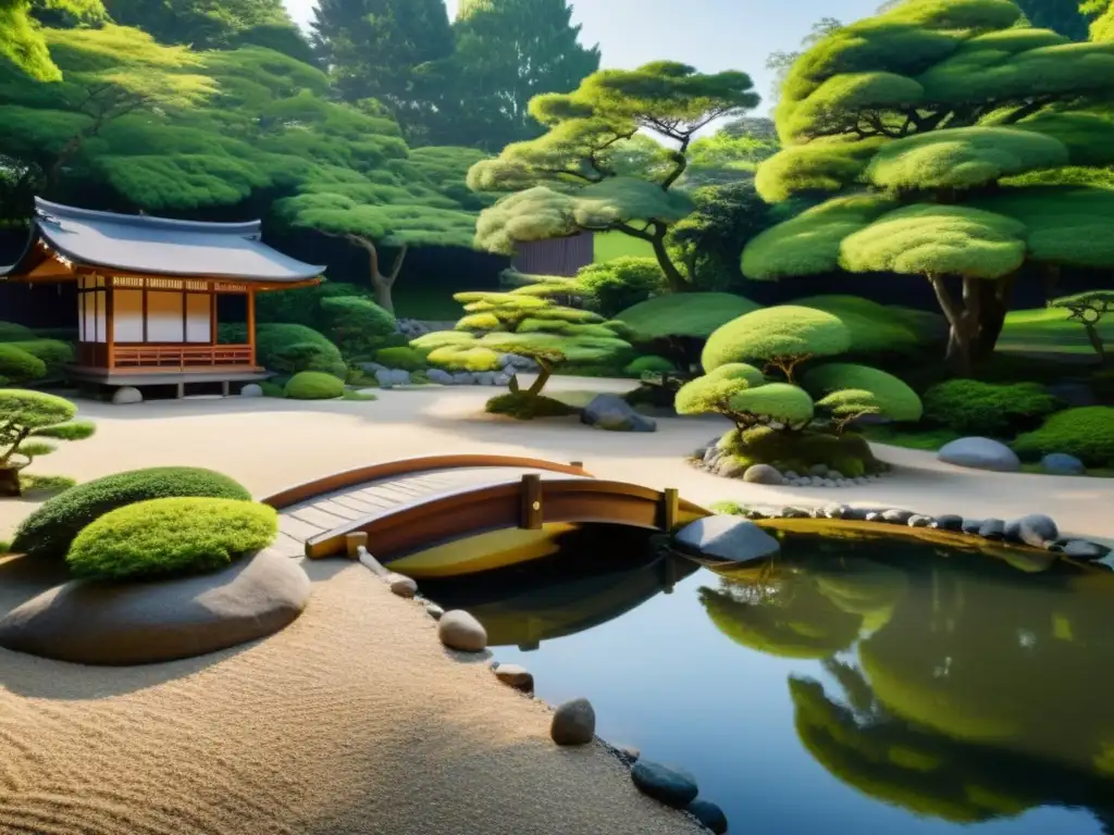 Un jardín zen japonés tradicional con un estanque sereno, rocas y vegetación exuberante