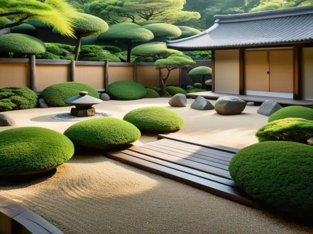 Un jardín Zen japonés tradicional con grava cuidadosamente rastrillada, rocas y vegetación, iluminado por la tarde, invita a la contemplación