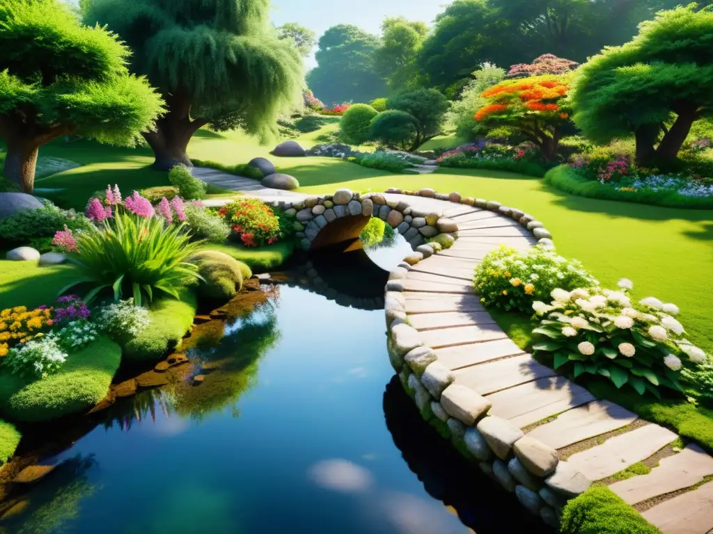 Un jardín antiguo y sereno con un arroyo serpenteante, rodeado de exuberante vegetación y flores coloridas