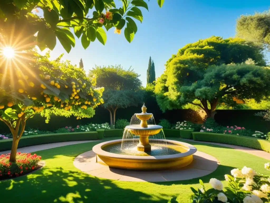 Un jardín exuberante bañado por el sol con árboles frutales, una fuente y una atmósfera de serenidad
