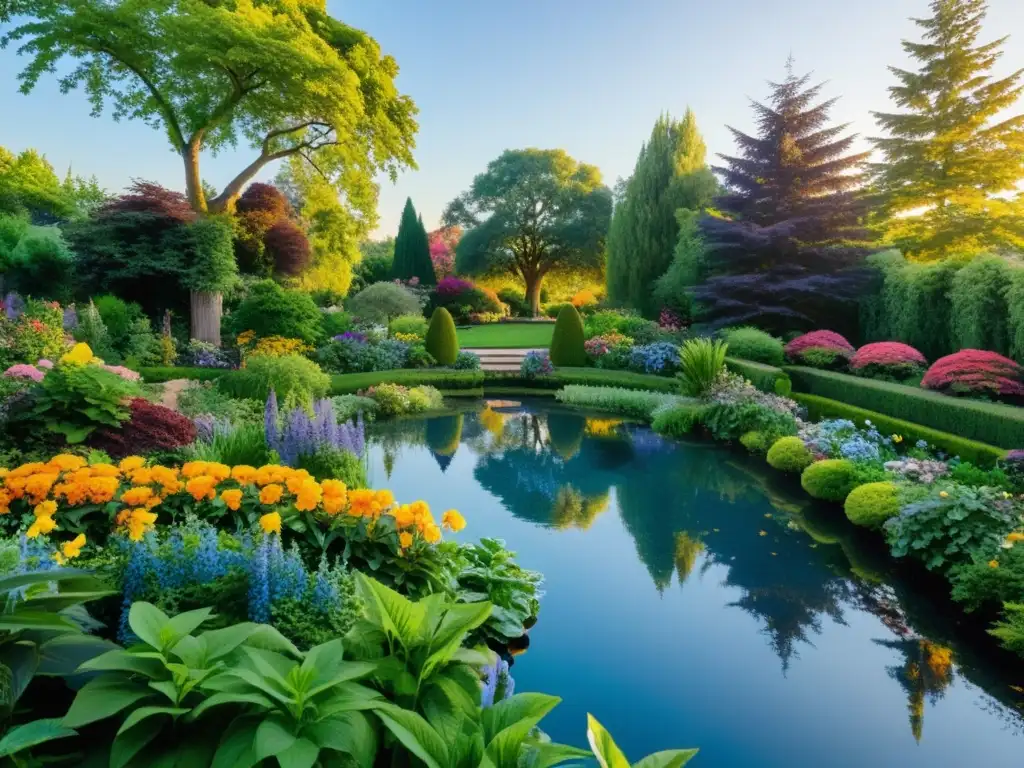 Un jardín exuberante y vibrante, con flores coloridas y un estanque sereno bajo el cálido sol