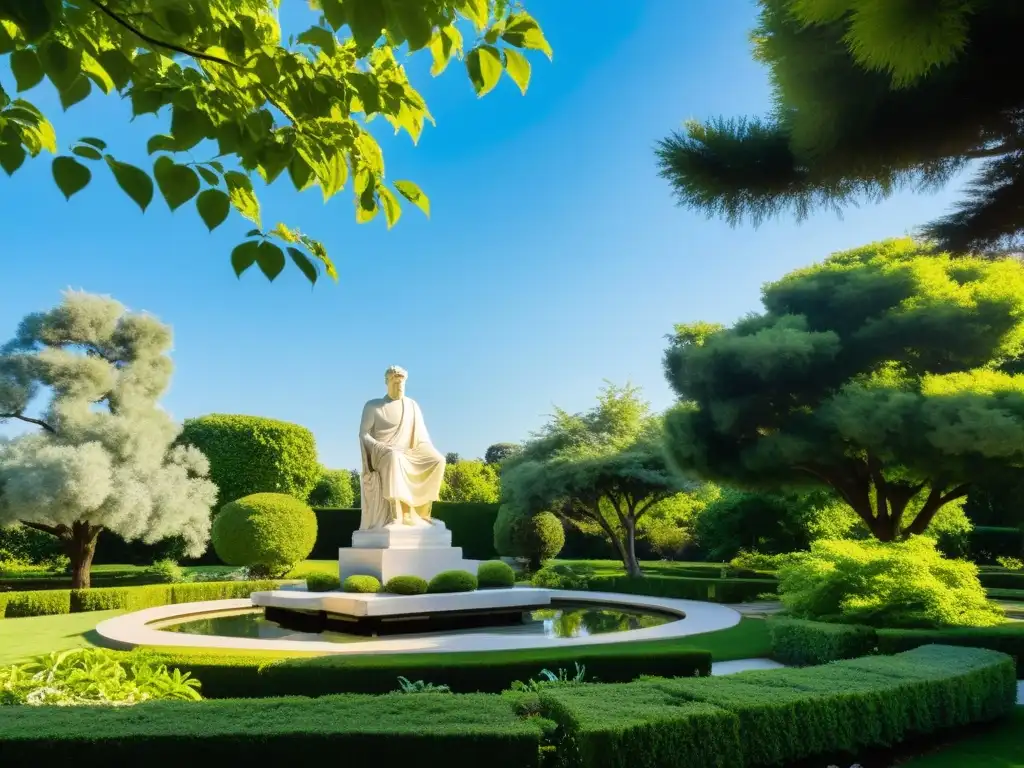 Un jardín sereno y bañado por el sol con una estatua de mármol de Epicuro entre exuberante vegetación
