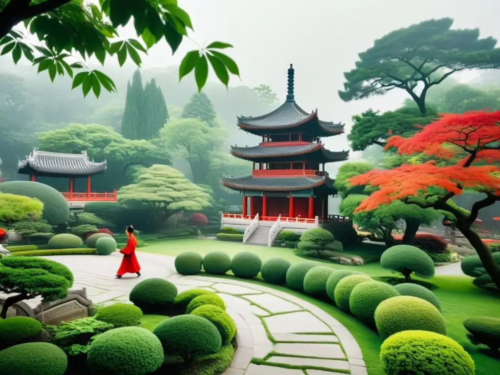 Un jardín sereno con un camino de piedra que lleva a una pagoda china entre árboles exuberantes