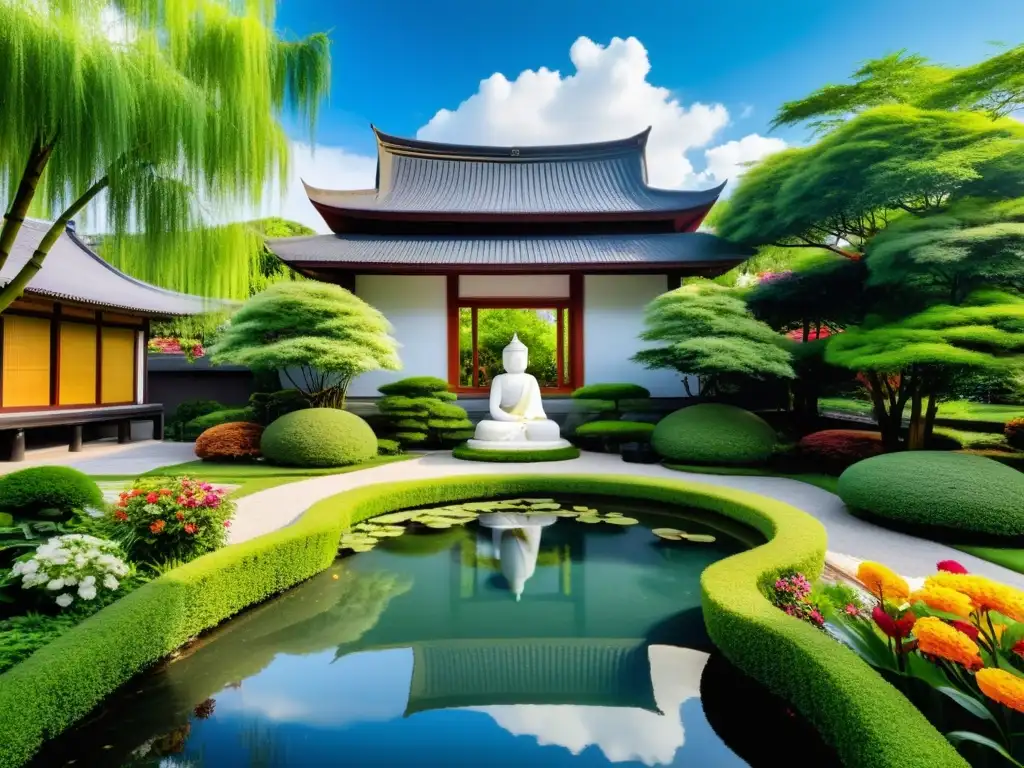 Un jardín sereno con estatua budista, flores coloridas y un estanque